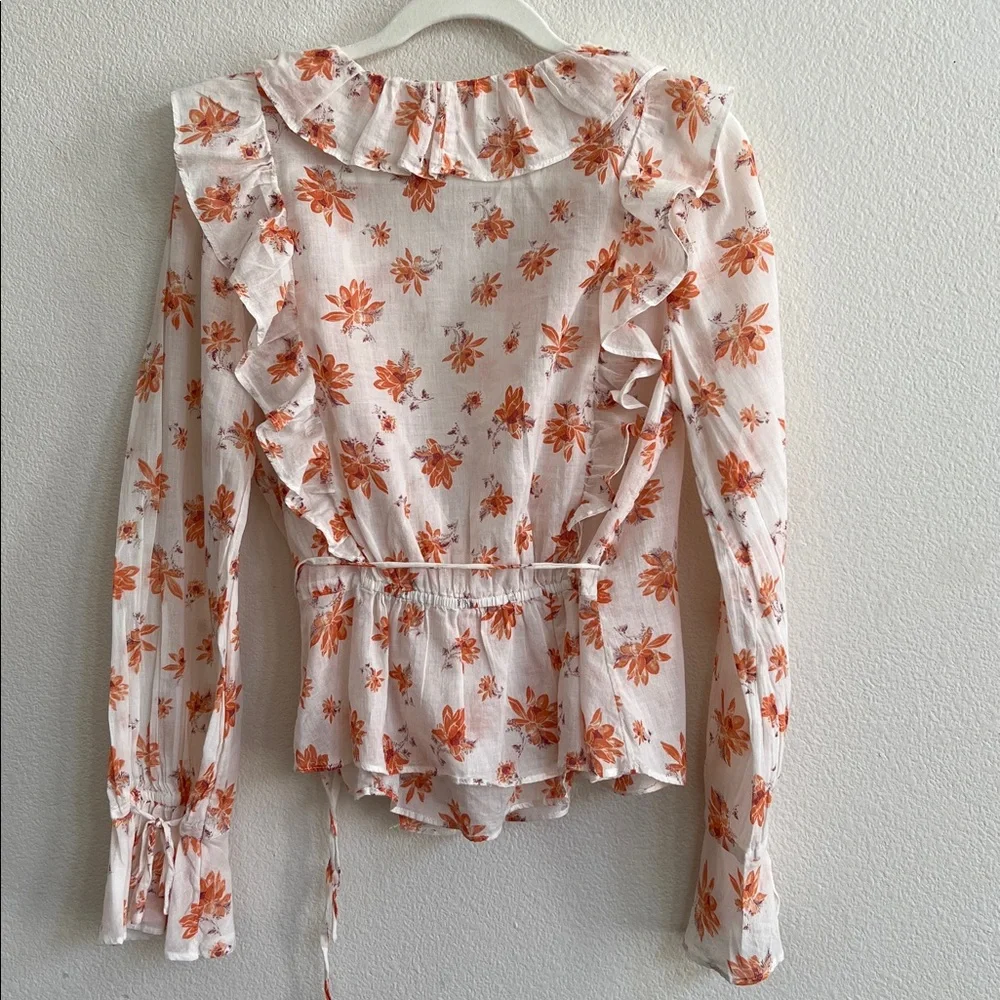 FREE PEOPLE Amanda Ruffle Top Blouse Ivory Orange Floral Women's Size M